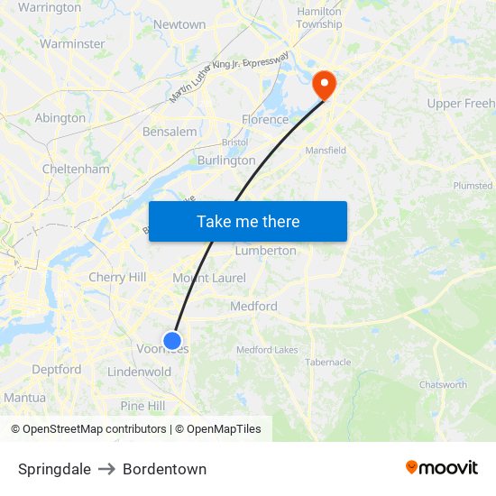 Springdale to Bordentown map