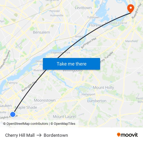 Cherry Hill Mall to Bordentown map