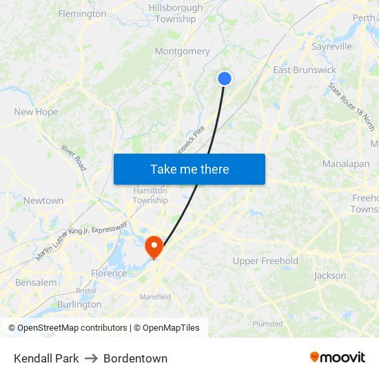 Kendall Park to Bordentown map