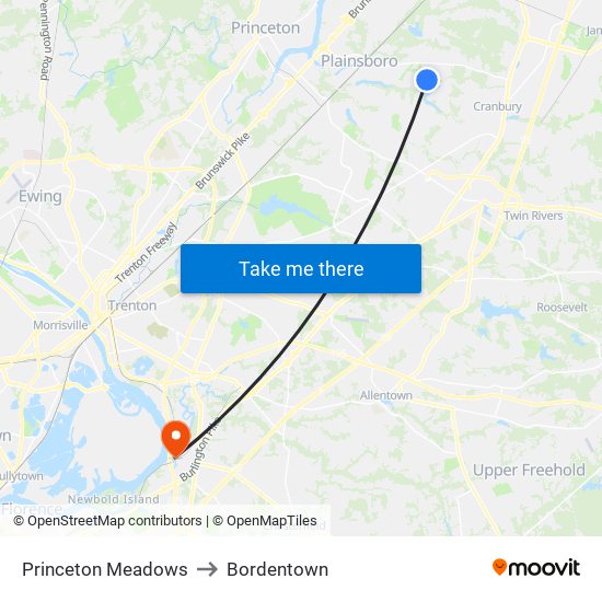 Princeton Meadows to Bordentown map