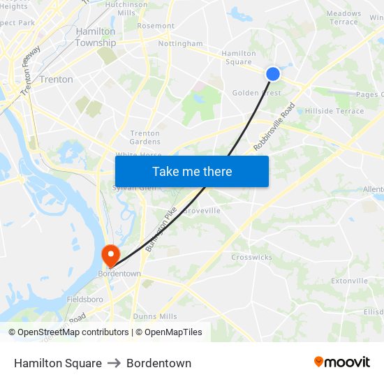 Hamilton Square to Bordentown map