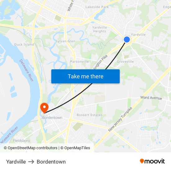 Yardville to Bordentown map