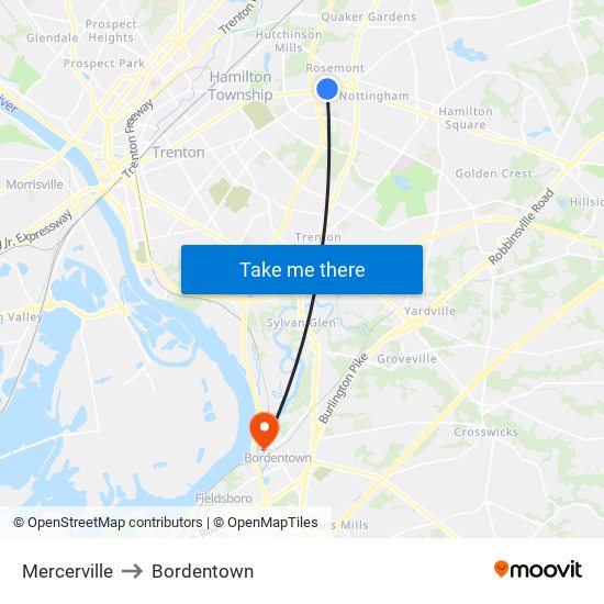 Mercerville to Bordentown map