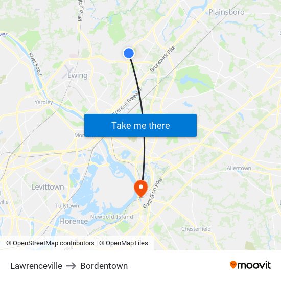 Lawrenceville to Bordentown map