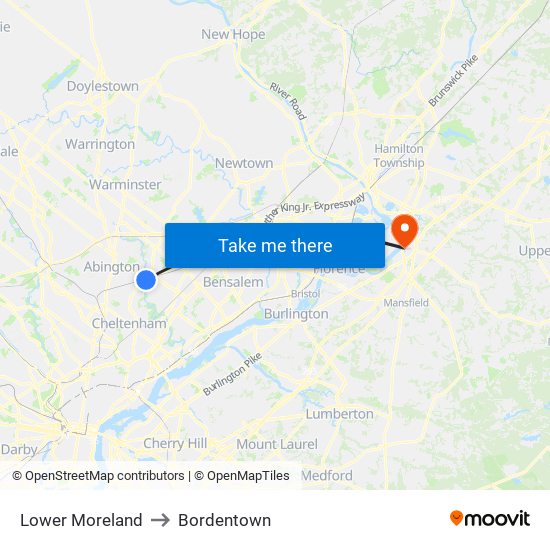 Lower Moreland to Bordentown map