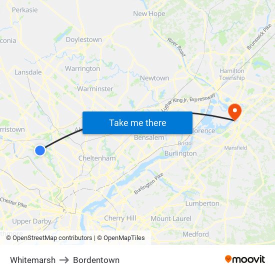 Whitemarsh to Bordentown map