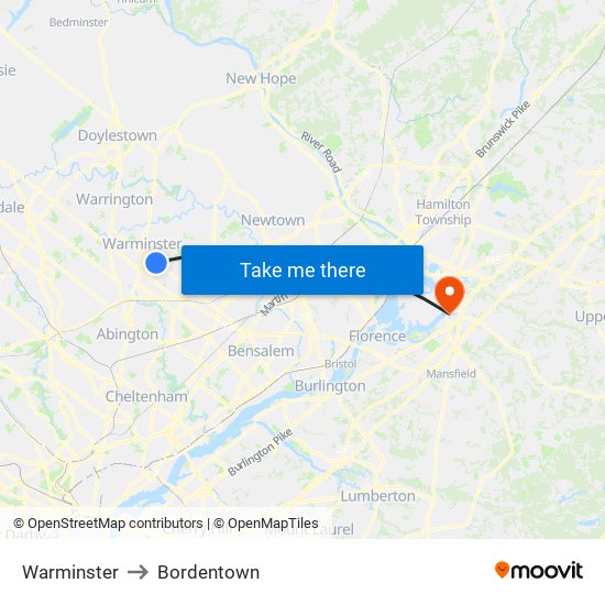 Warminster to Bordentown map