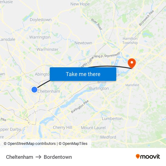 Cheltenham to Bordentown map