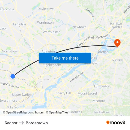 Radnor to Bordentown map
