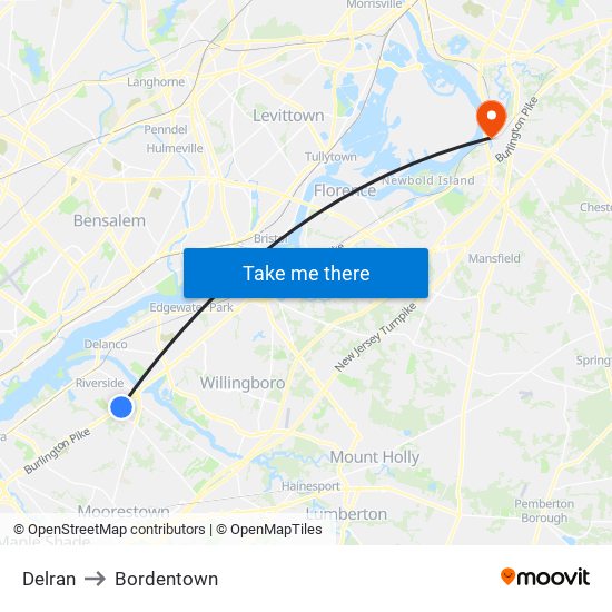 Delran to Bordentown map