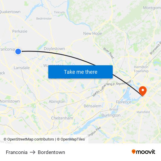 Franconia to Bordentown map