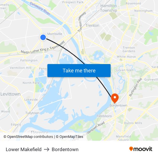 Lower Makefield to Bordentown map