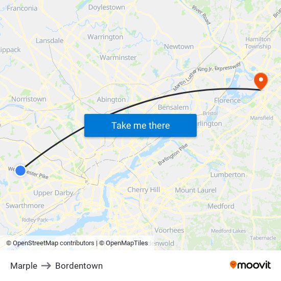 Marple to Bordentown map