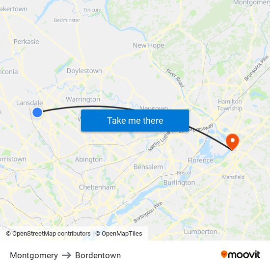 Montgomery to Bordentown map
