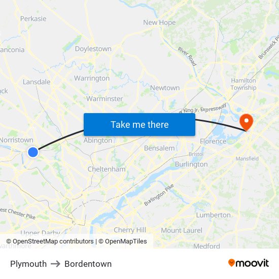 Plymouth to Bordentown map