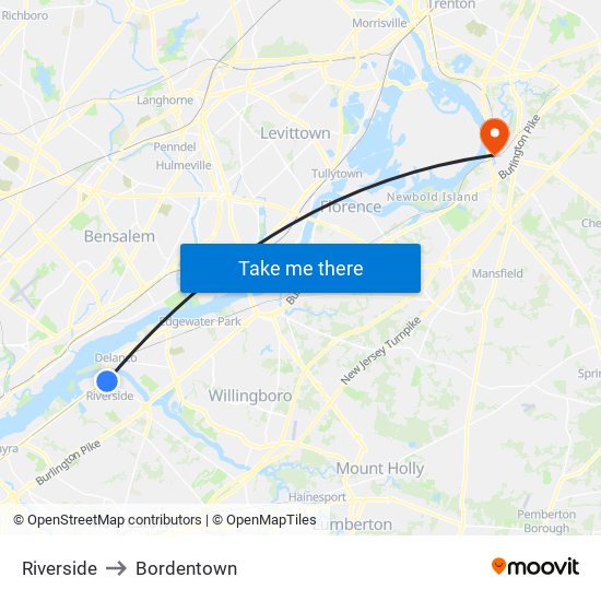 Riverside to Bordentown map