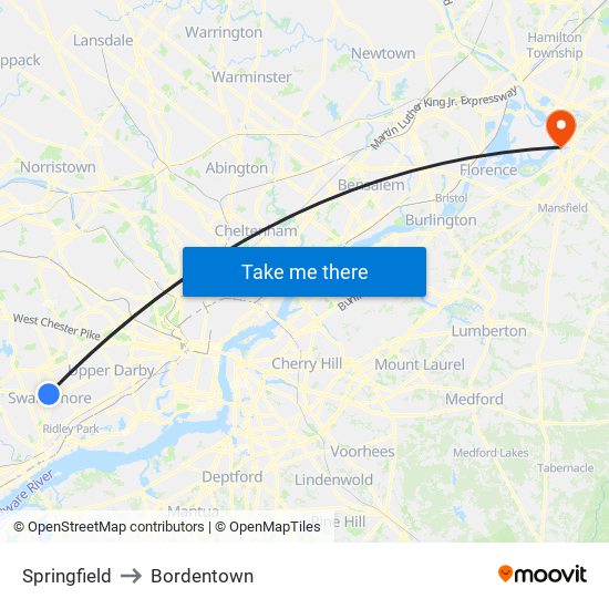 Springfield to Bordentown map