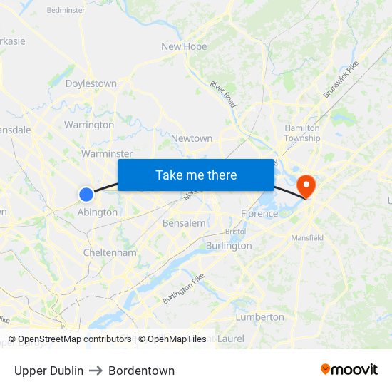 Upper Dublin to Bordentown map