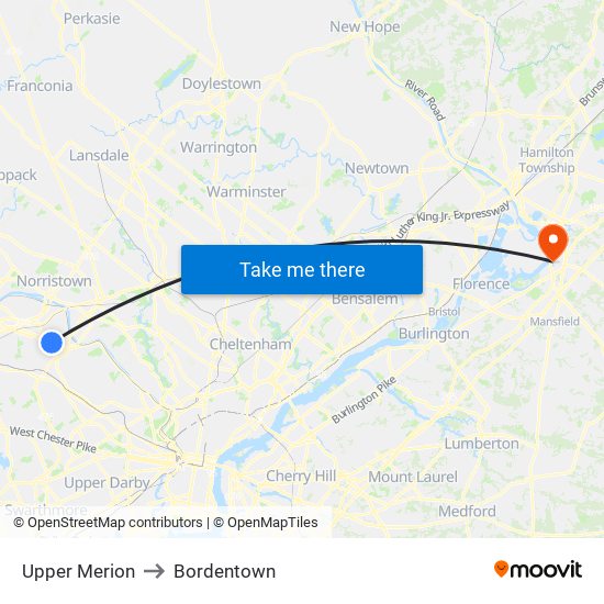 Upper Merion to Bordentown map