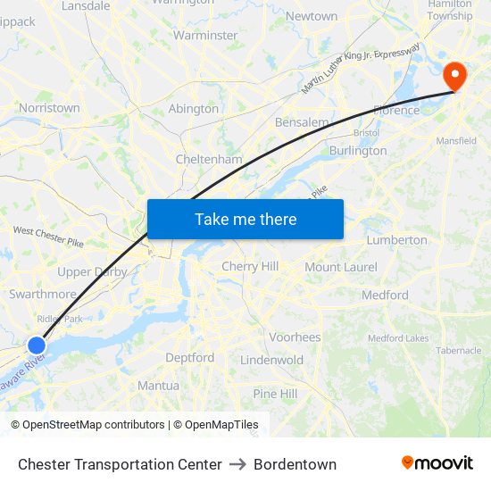 Chester Transportation Center to Bordentown map