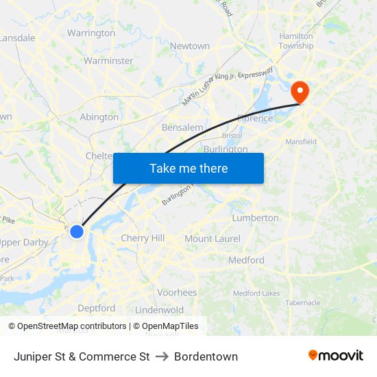 Juniper St & Commerce St to Bordentown map