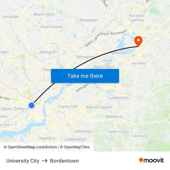 University City to Bordentown map