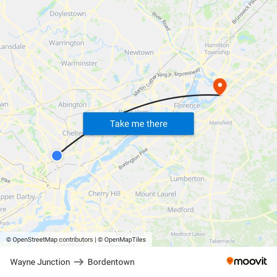 Wayne Junction to Bordentown map