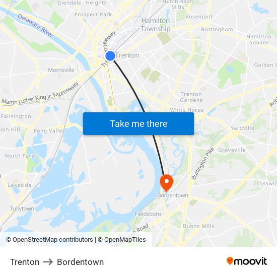 Trenton to Bordentown map