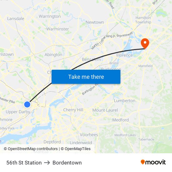 56th St Station to Bordentown map