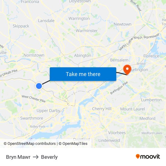 Bryn Mawr to Beverly map
