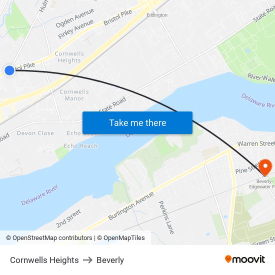 Cornwells Heights to Beverly map