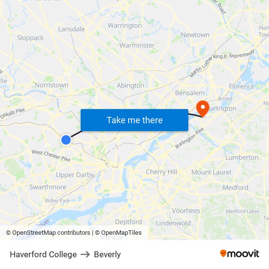 Haverford College to Beverly map