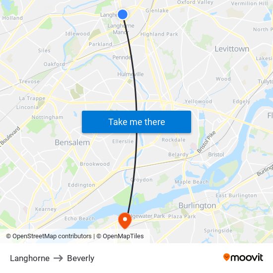 Langhorne to Beverly map