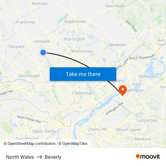 North Wales to Beverly map