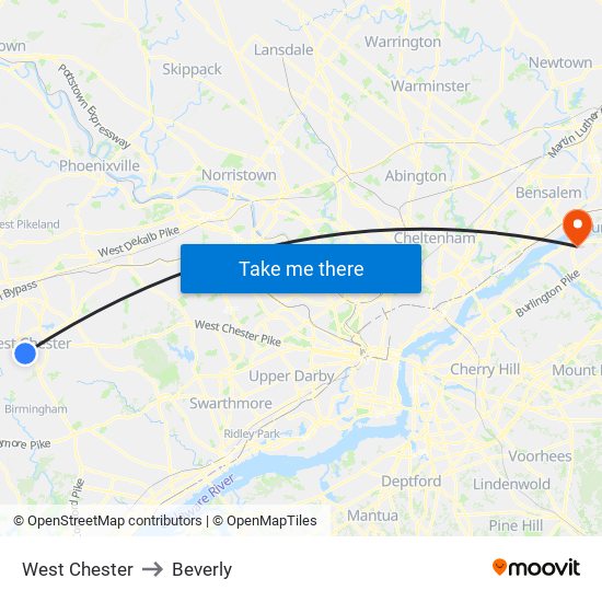 West Chester to Beverly map