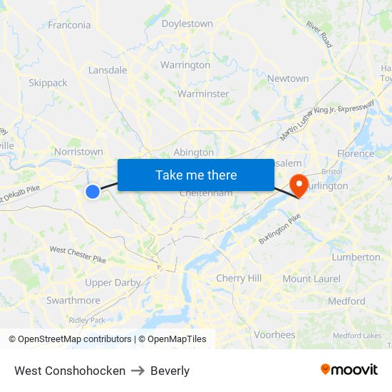 West Conshohocken to Beverly map