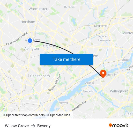 Willow Grove to Beverly map