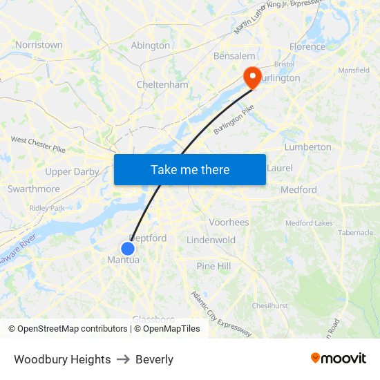 Woodbury Heights to Beverly map