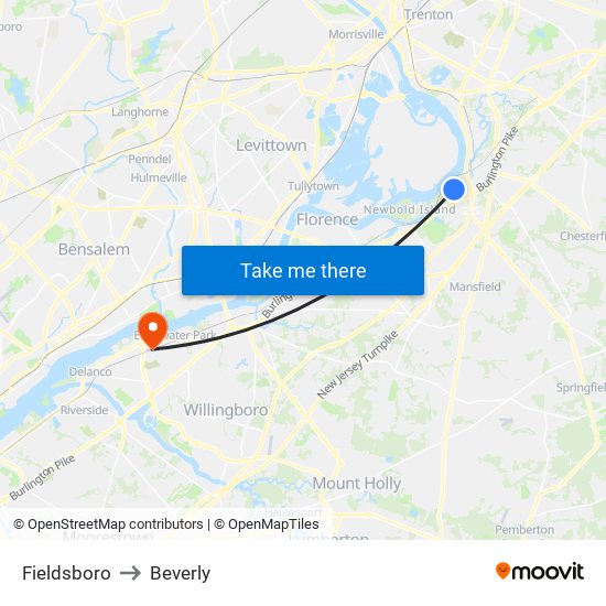Fieldsboro to Beverly map