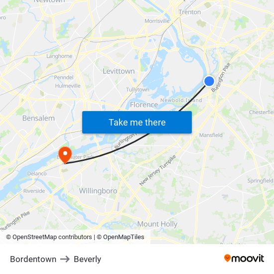 Bordentown to Beverly map