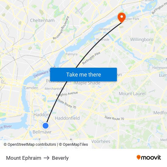 Mount Ephraim to Beverly map