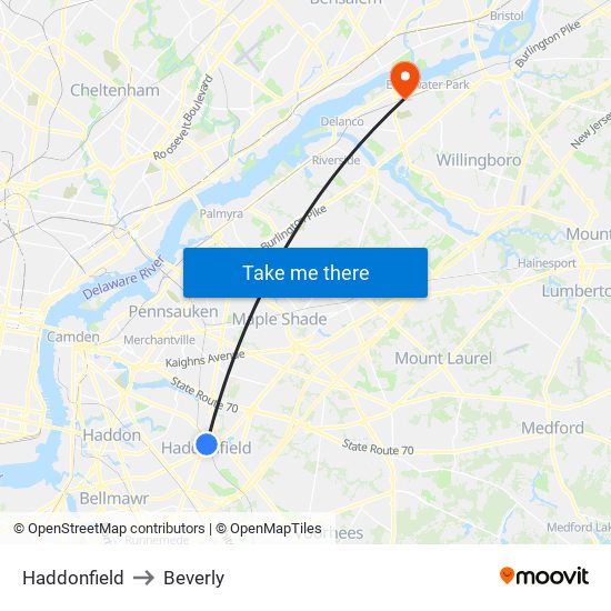 Haddonfield to Beverly map