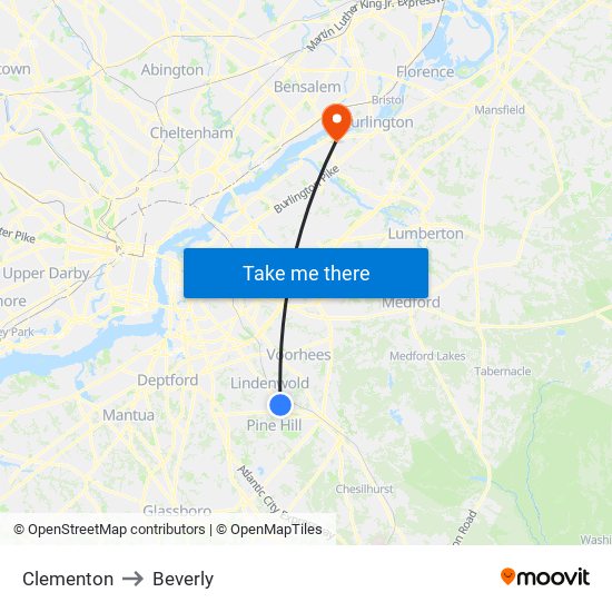 Clementon to Beverly map