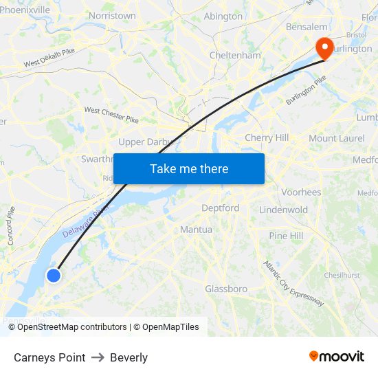 Carneys Point to Beverly map