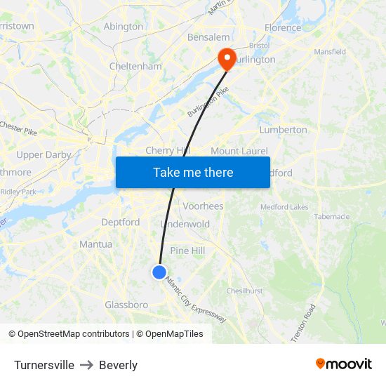 Turnersville to Beverly map
