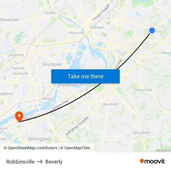 Robbinsville to Beverly map