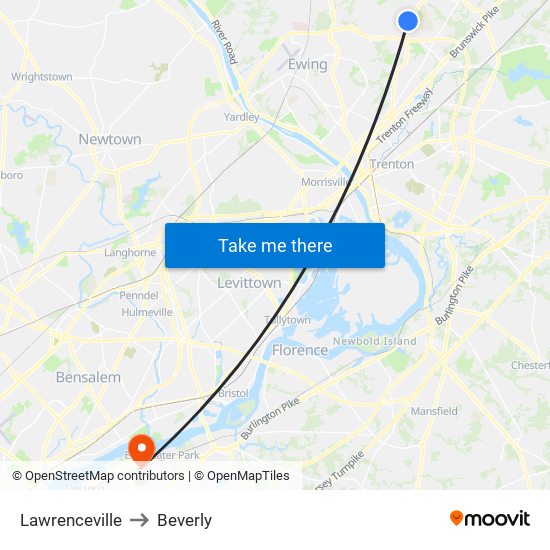 Lawrenceville to Beverly map