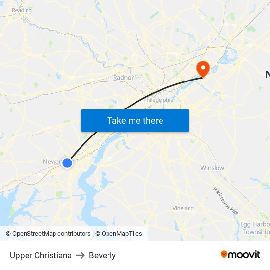 Upper Christiana to Beverly map