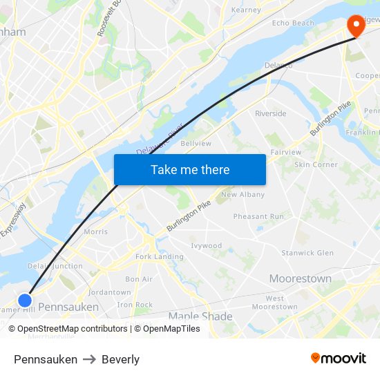 Pennsauken to Beverly map