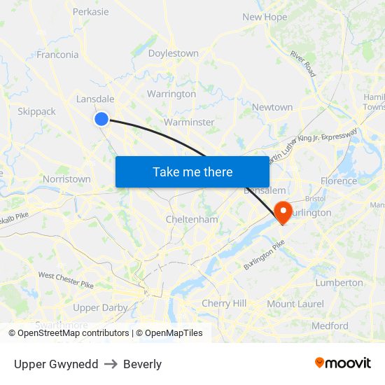 Upper Gwynedd to Beverly map